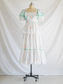 Re-design Upcycled Cross Stitch Green Ruffle White Maxi Dress