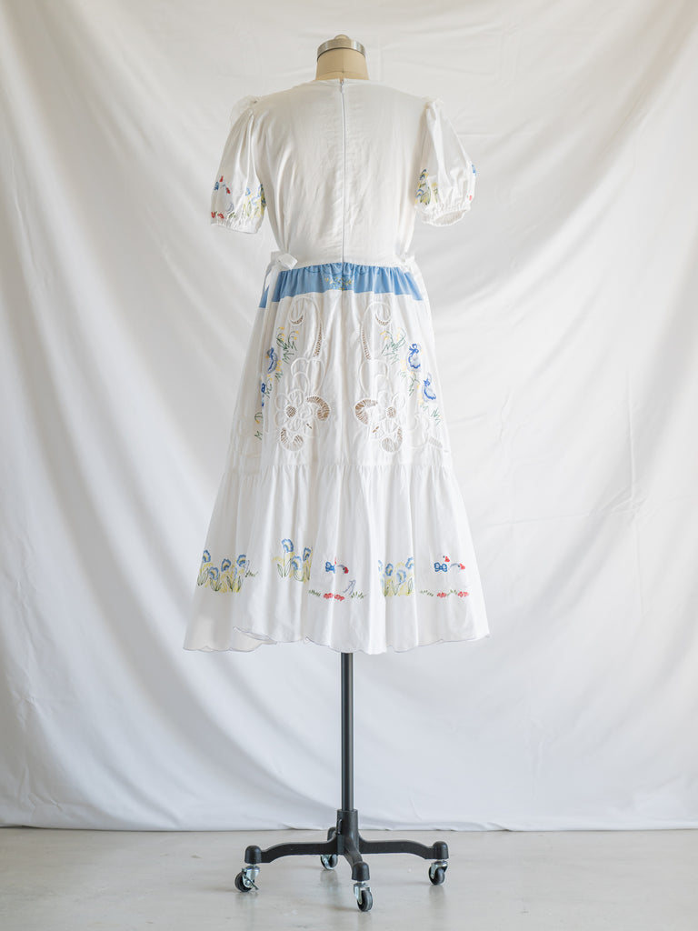 Re-design Upcycled Duck Swan Embroidery White Maxi Dress