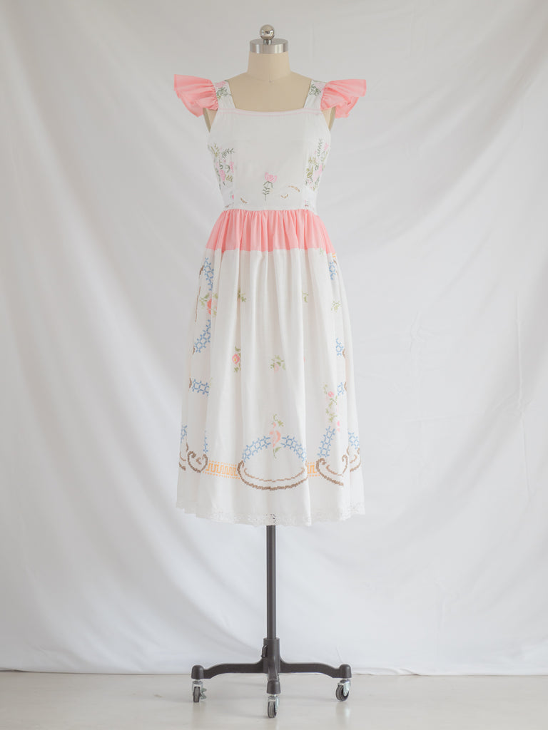 Re-design Upcycled Pink Rose Embroidery White Midi Dress