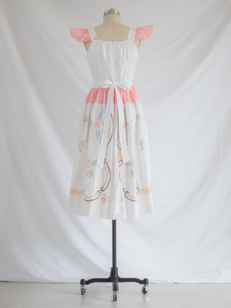 Re-design Upcycled Pink Rose Embroidery White Midi Dress