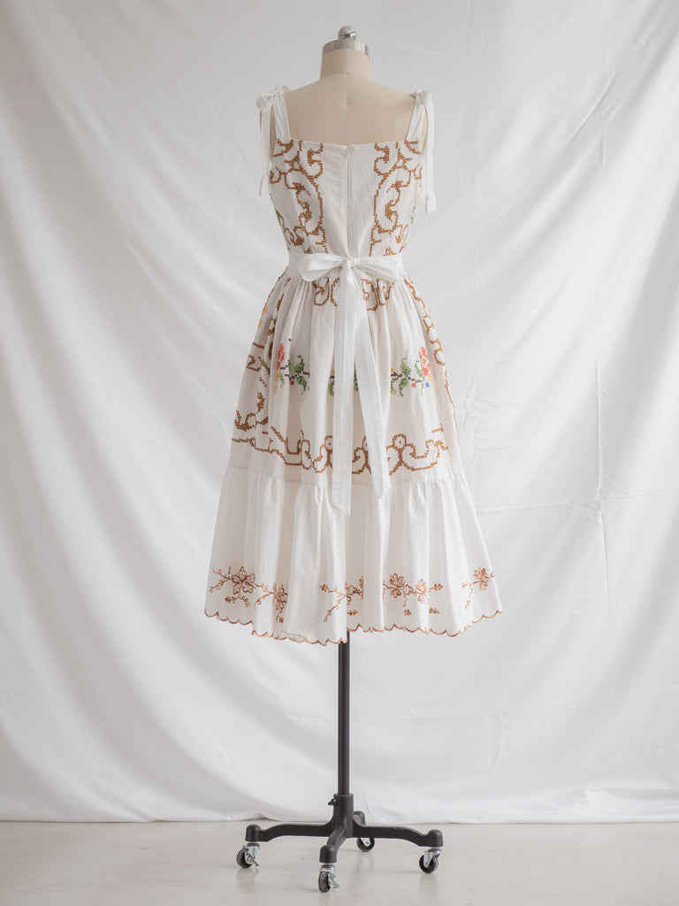 Re-design Upcycled Cosmos Embroidery White Midi Dress