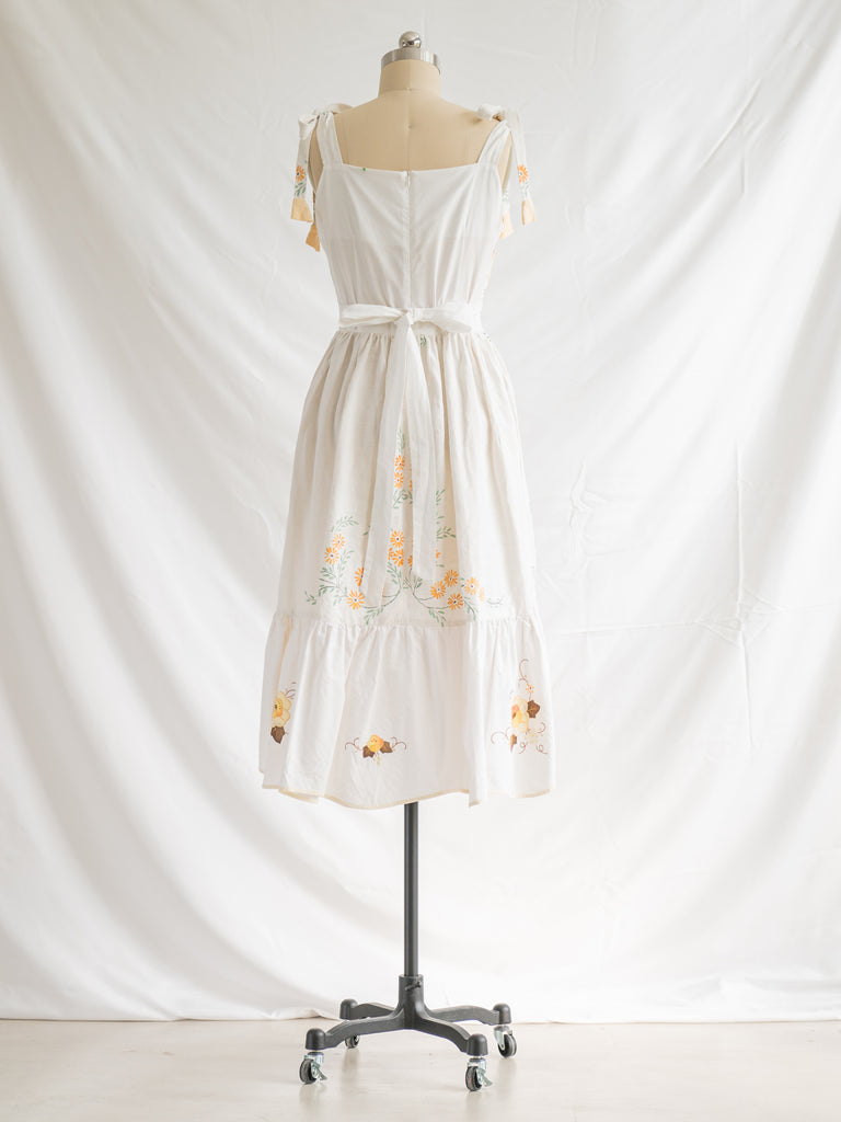Re-design Upcycled Tie Strap Yellow Rose Detail Midi Dress