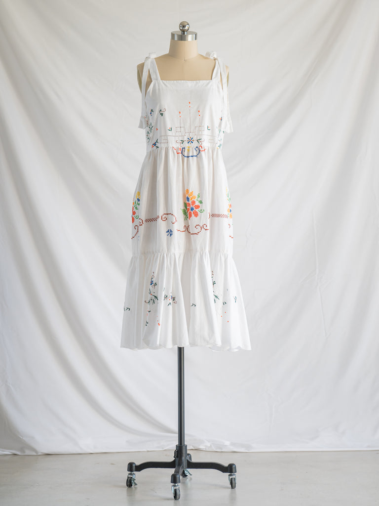 Re-design Upcycled Hibiscus Embroidered White Midi Dress