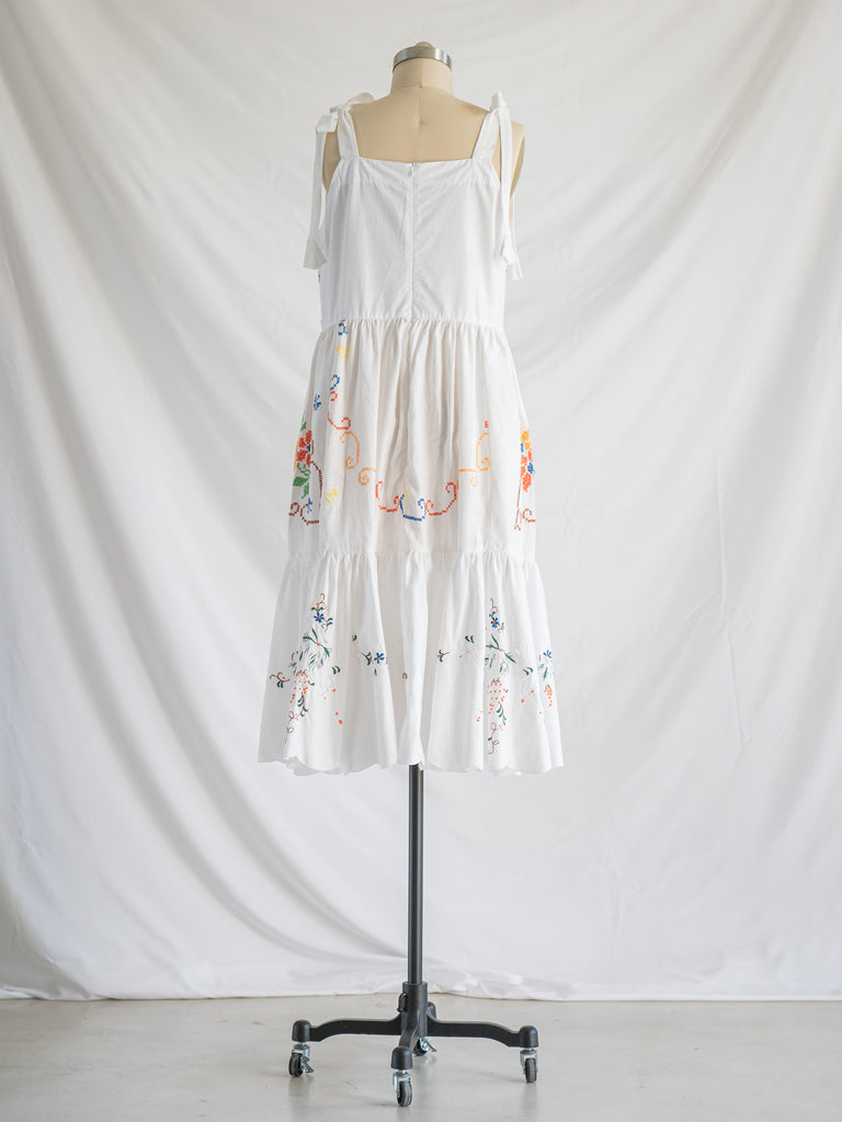 Re-design Upcycled Hibiscus Embroidered White Midi Dress