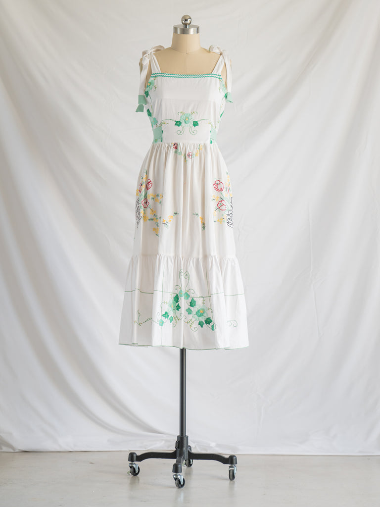 Re-design Upcycled Red Yellow Green Floral White Midi Dress