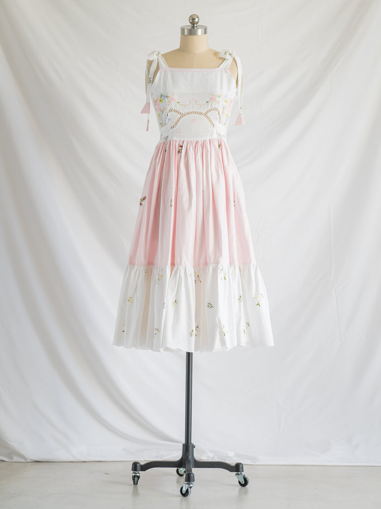 Re-design Upcycled Mini Floral Embroidered Bow Tie Midi Dress