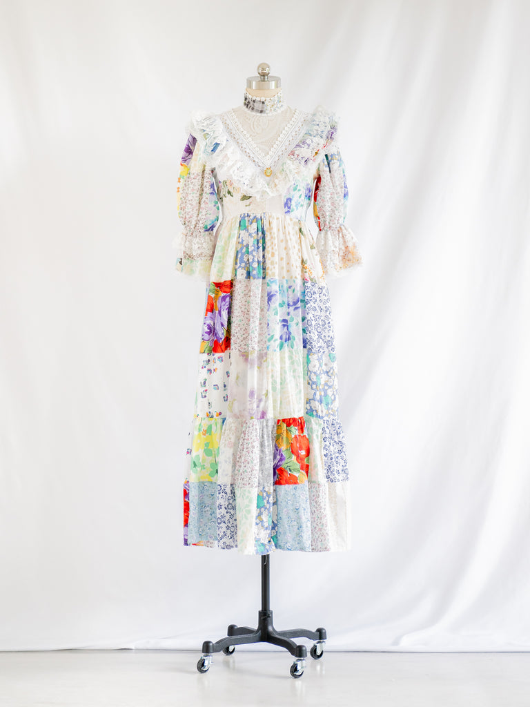 Re-design Upcycled Abstract Patch Pattern Frilled Maxi Dress