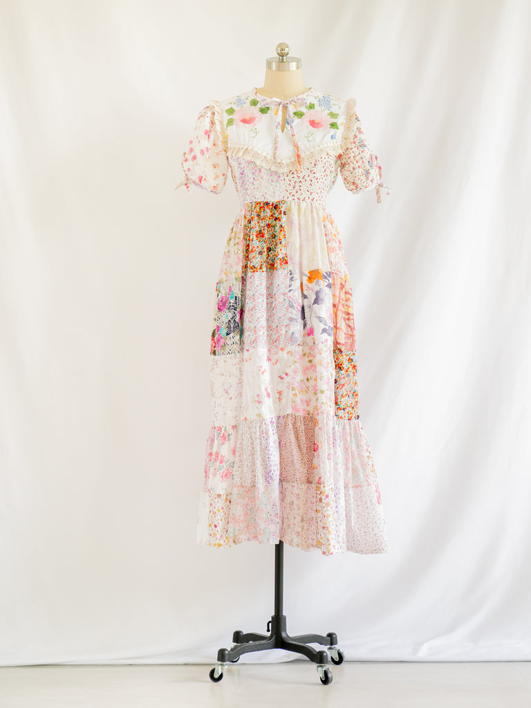 Re-design Upcycled Peach Patch Pattern Floral Maxi Dress