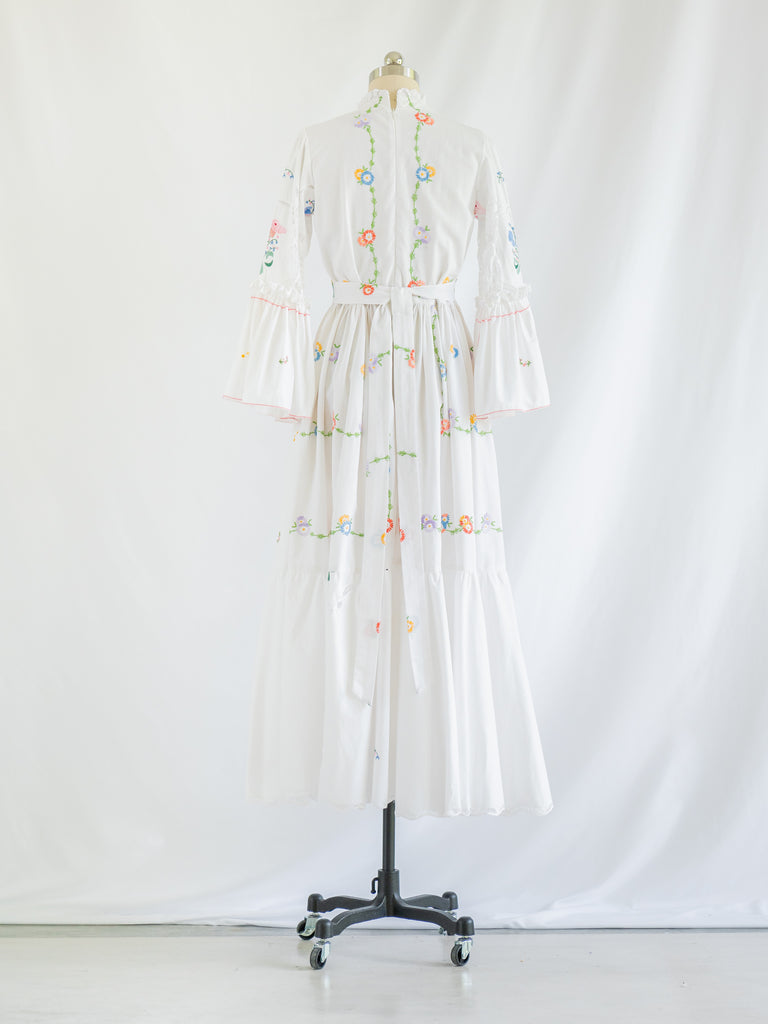 Re-design Upcycled Bell Sleeved Cross-Stitched Embroidered Maxi Dress
