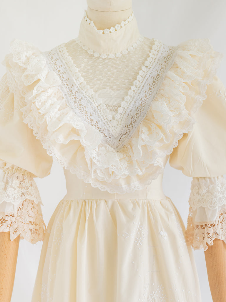 Sugar Cream Re-design Upcycled Lace Detailed Cream Cotton Maxi Dress