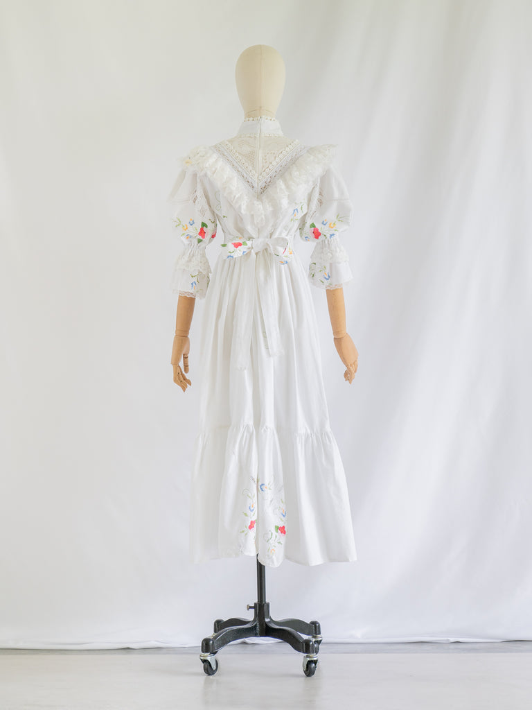 Re-design Upcycled White Cotton Balloon Sleeved Floral Maxi Dress