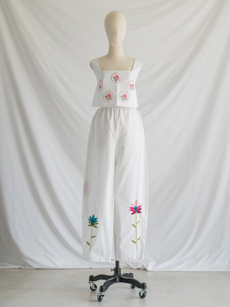 Re-design Upcycled Rose Cross-stitch Embroidery Top Trouser Set