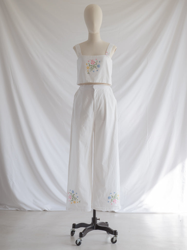 Re-design Upcycled Wide Strap Floral White Top Trouser Set