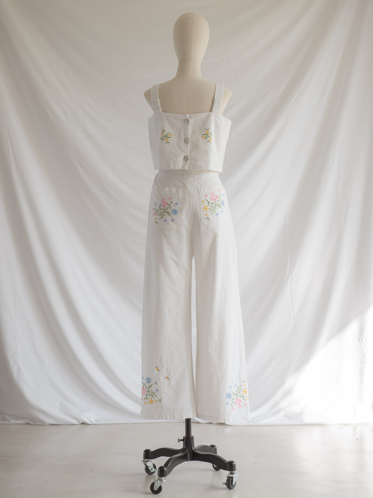 Re-design Upcycled Wide Strap Floral White Top Trouser Set