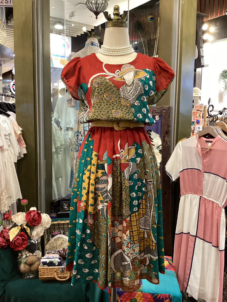 Vintage Puff Sleeve Red Unique Print Dress