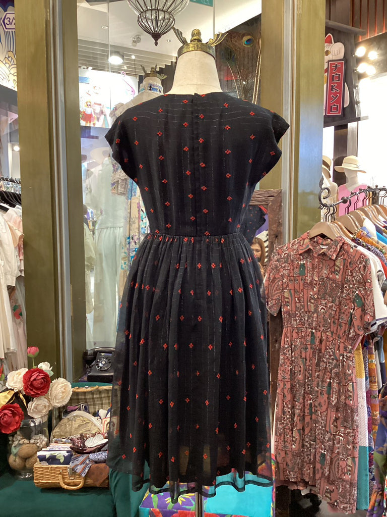 Black Vintage Dress with Red Embroidery – Cap Sleeve Sheer Overlay