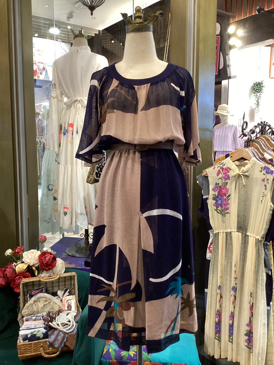 Brown Mesh Polyester Short Sleeve Summer Vintage Dress
