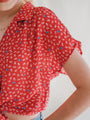 Vintage Red Knot Tie Collared Floral Print Crop Blouse