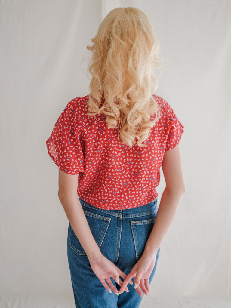 Vintage Red Knot Tie Collared Floral Print Crop Blouse
