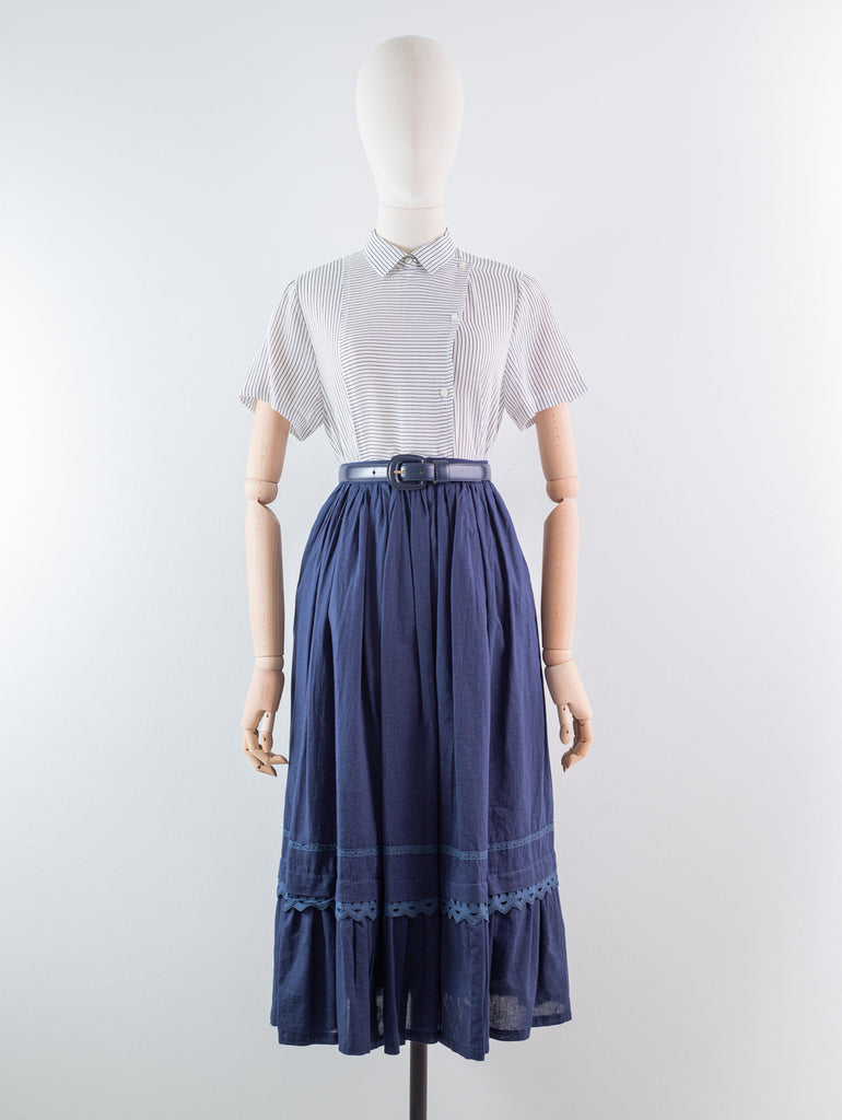 Vintage Cotton Navy Blue Midi Skirt