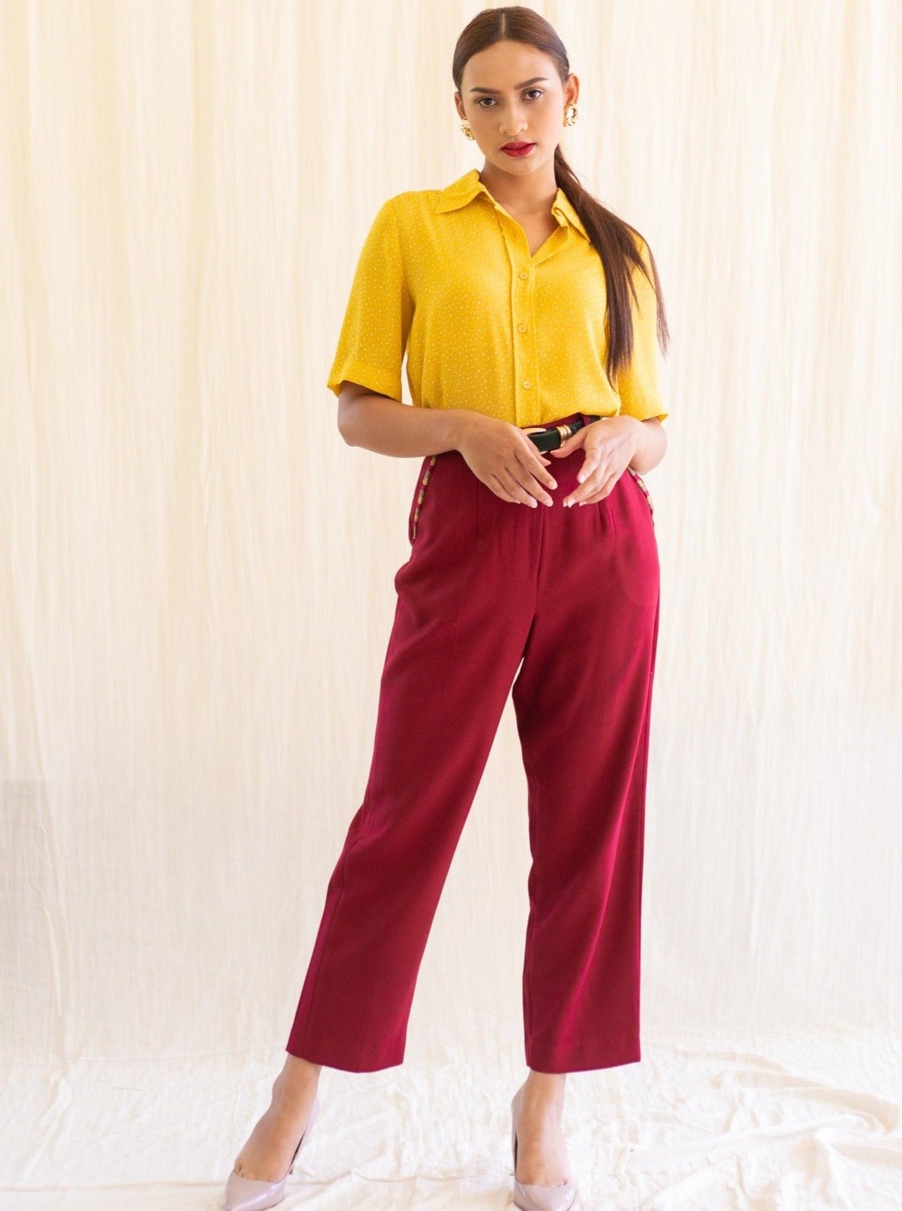 Vintage wine red high waisted straight trousers
