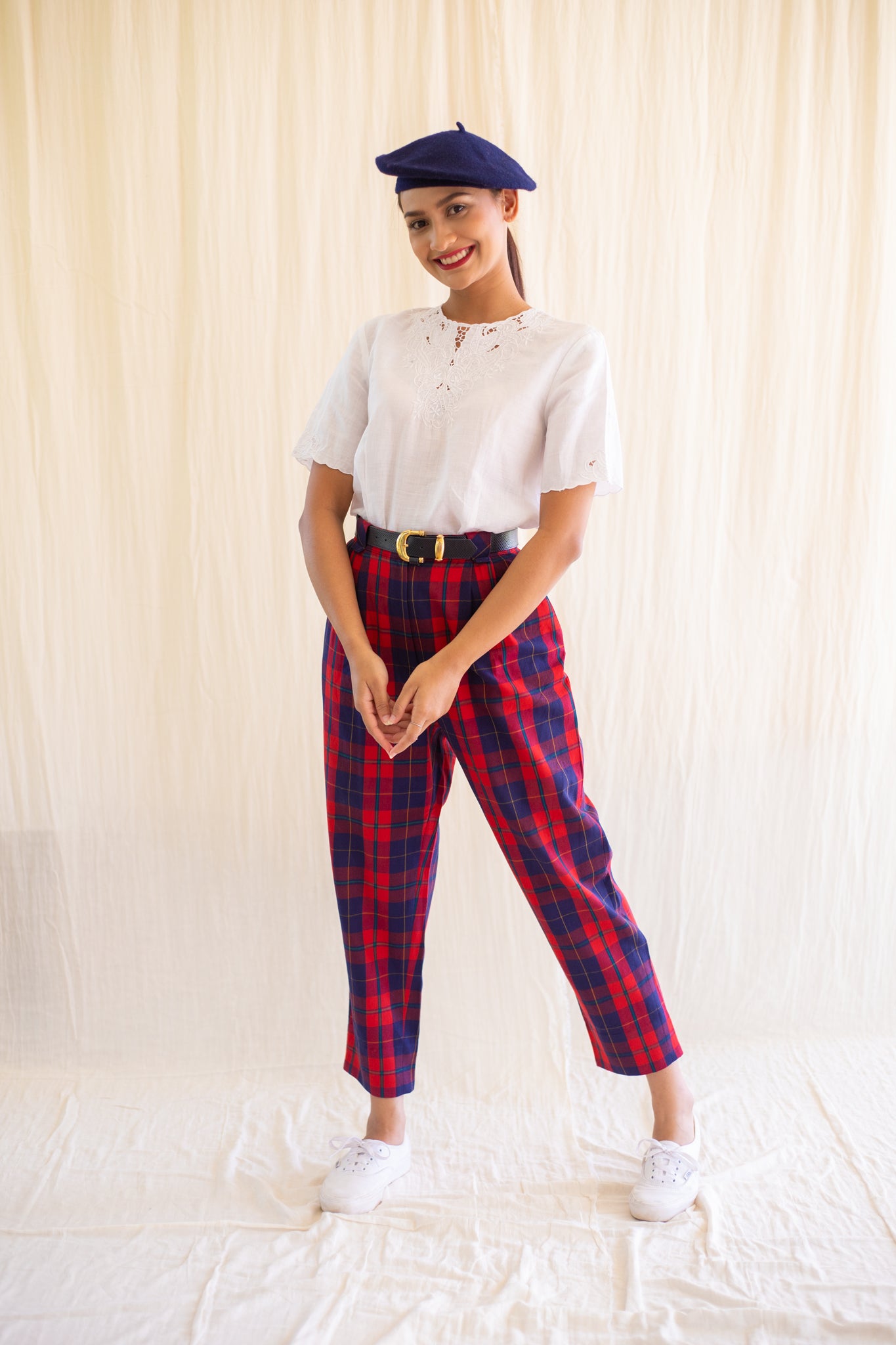 Vintage red and blue plaid cotton peg trousers