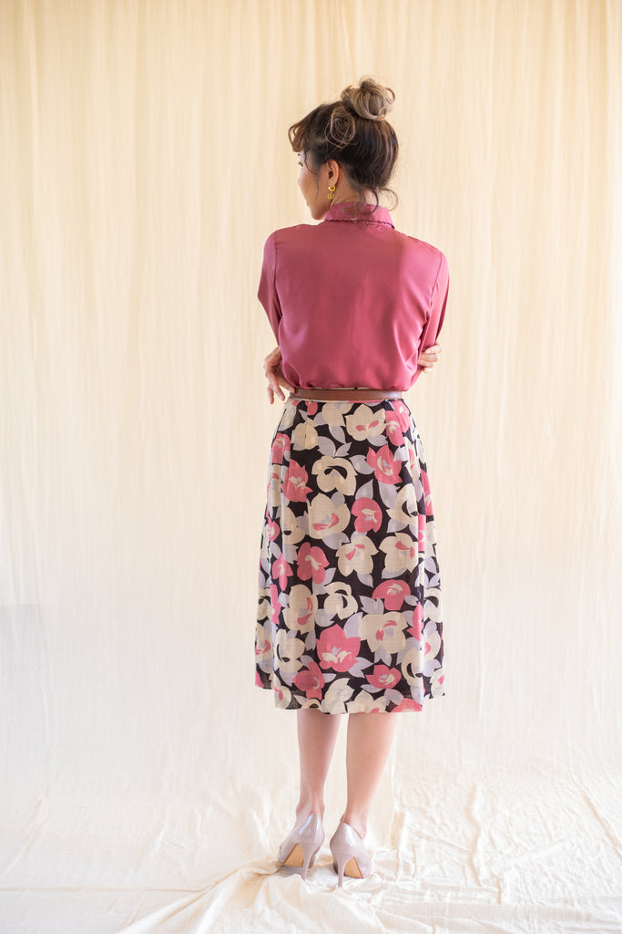 Vintage Floral Print Pink Midi Skirt