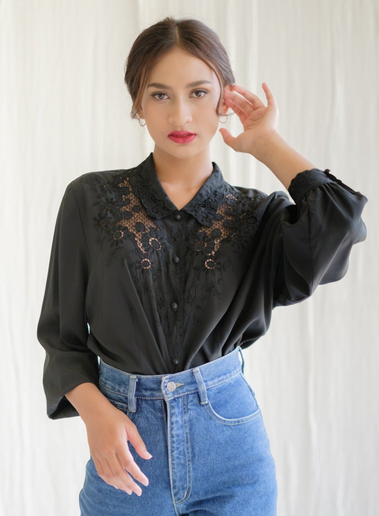 Black embroidered silk blouse