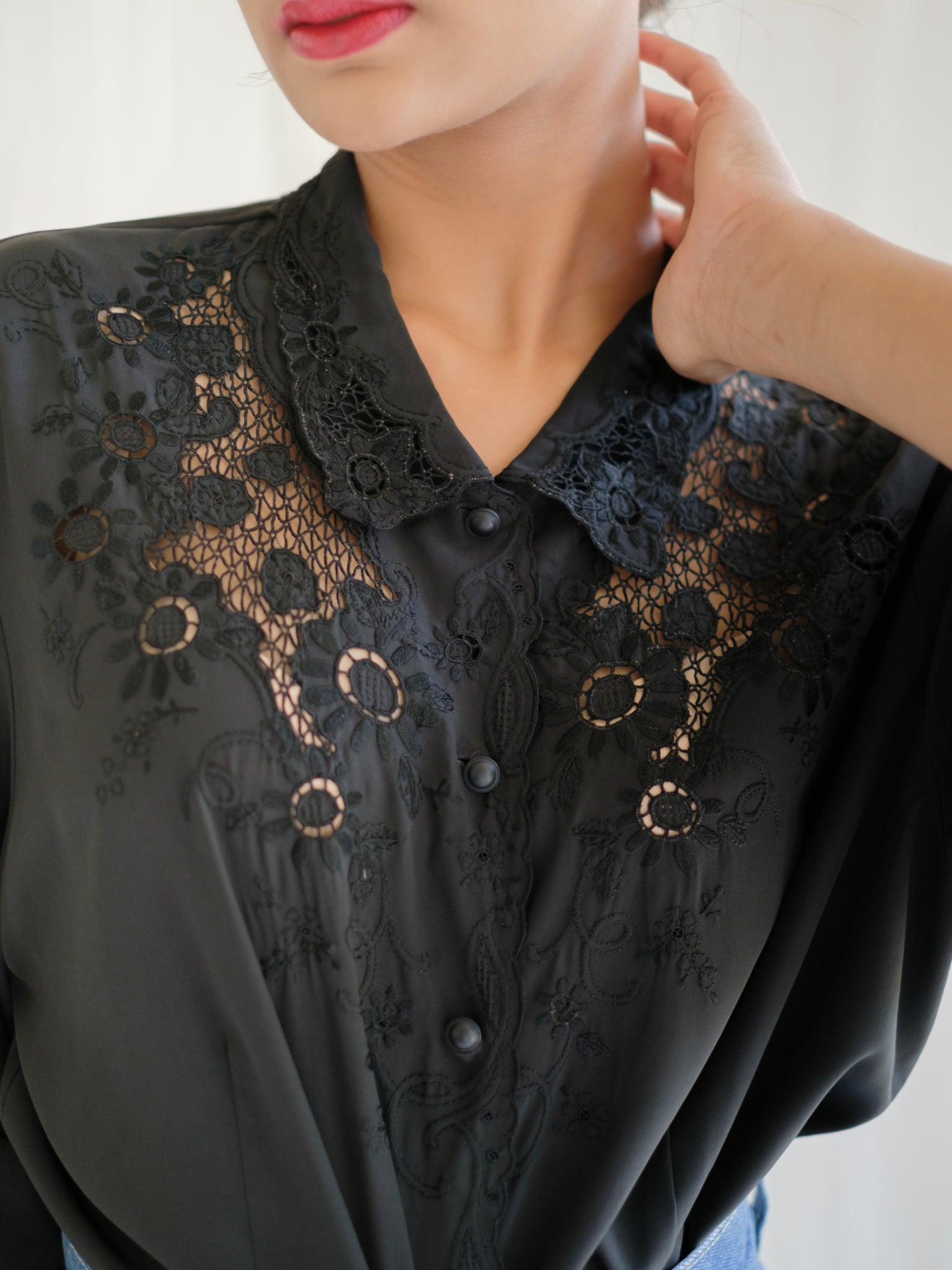Black embroidered silk blouse