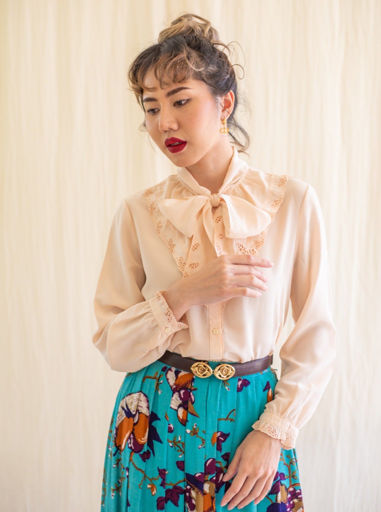 Peach bow tie silk vintage blouse