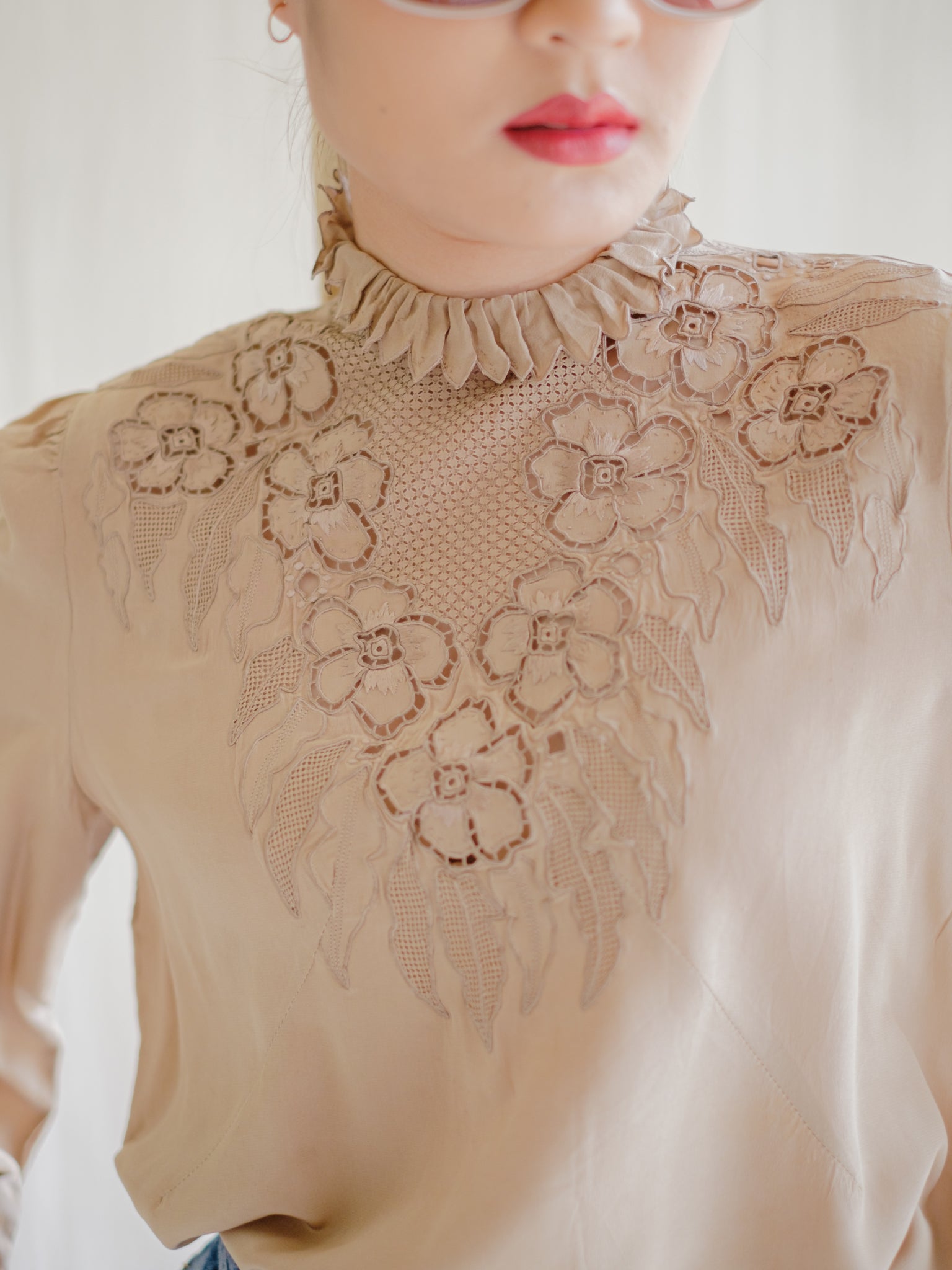 Khaki embroidered silk blouse