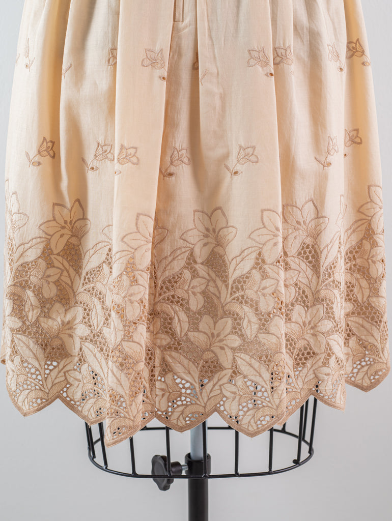 Vintage Embroidered Cotton Beige Midi Skirt