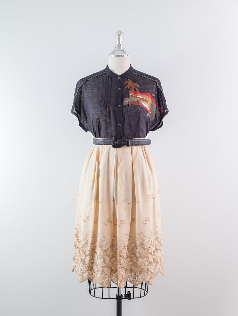 Vintage Embroidered Cotton Beige Midi Skirt