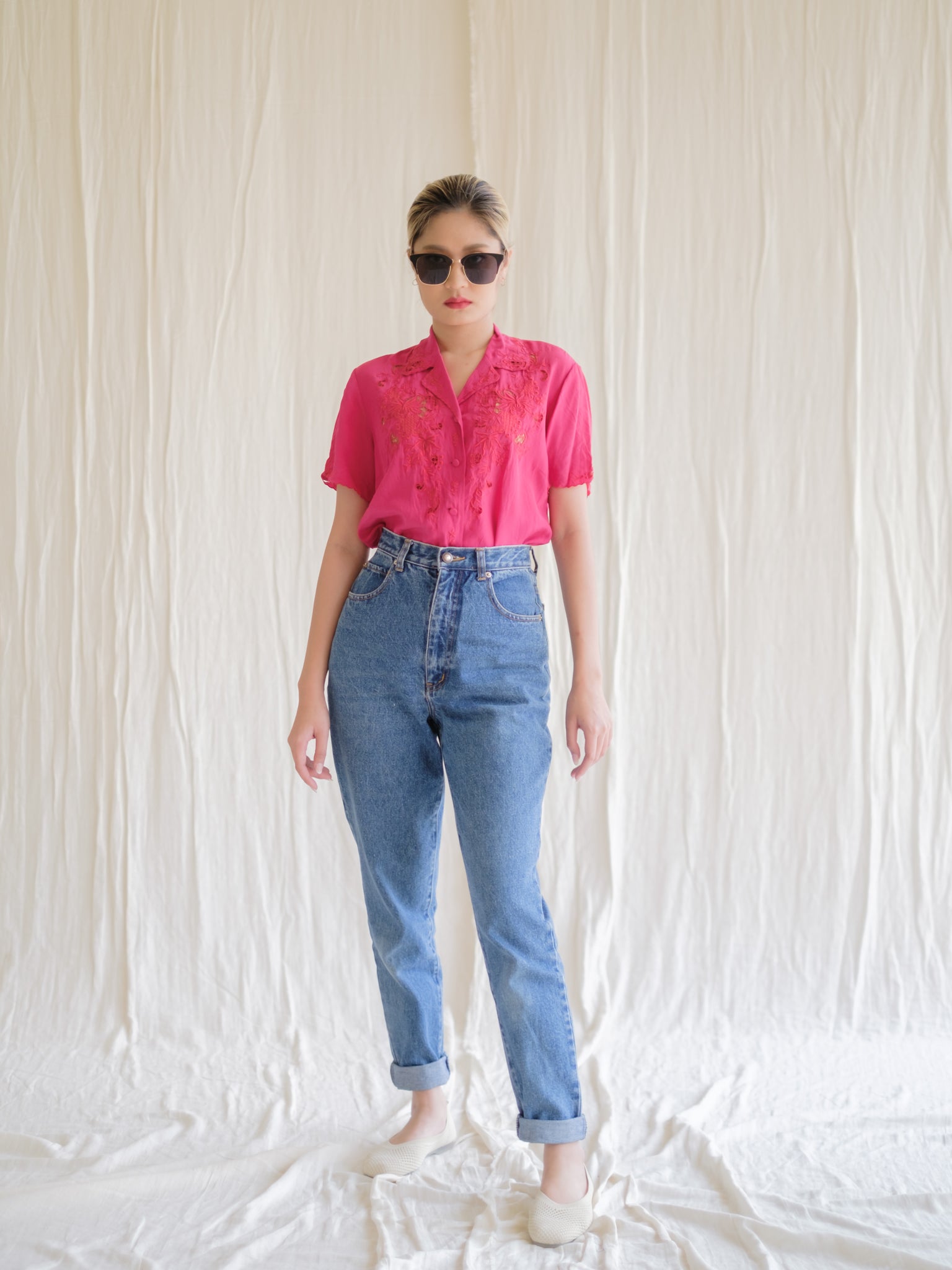 Red embroidered silk vintage blouse