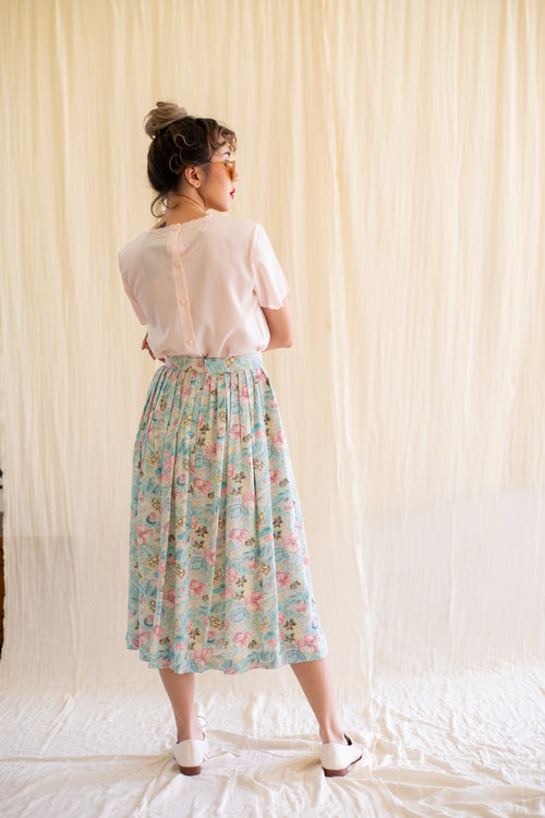 Sugar Cream Vintage Ditsy Floral Print Midi Skirt