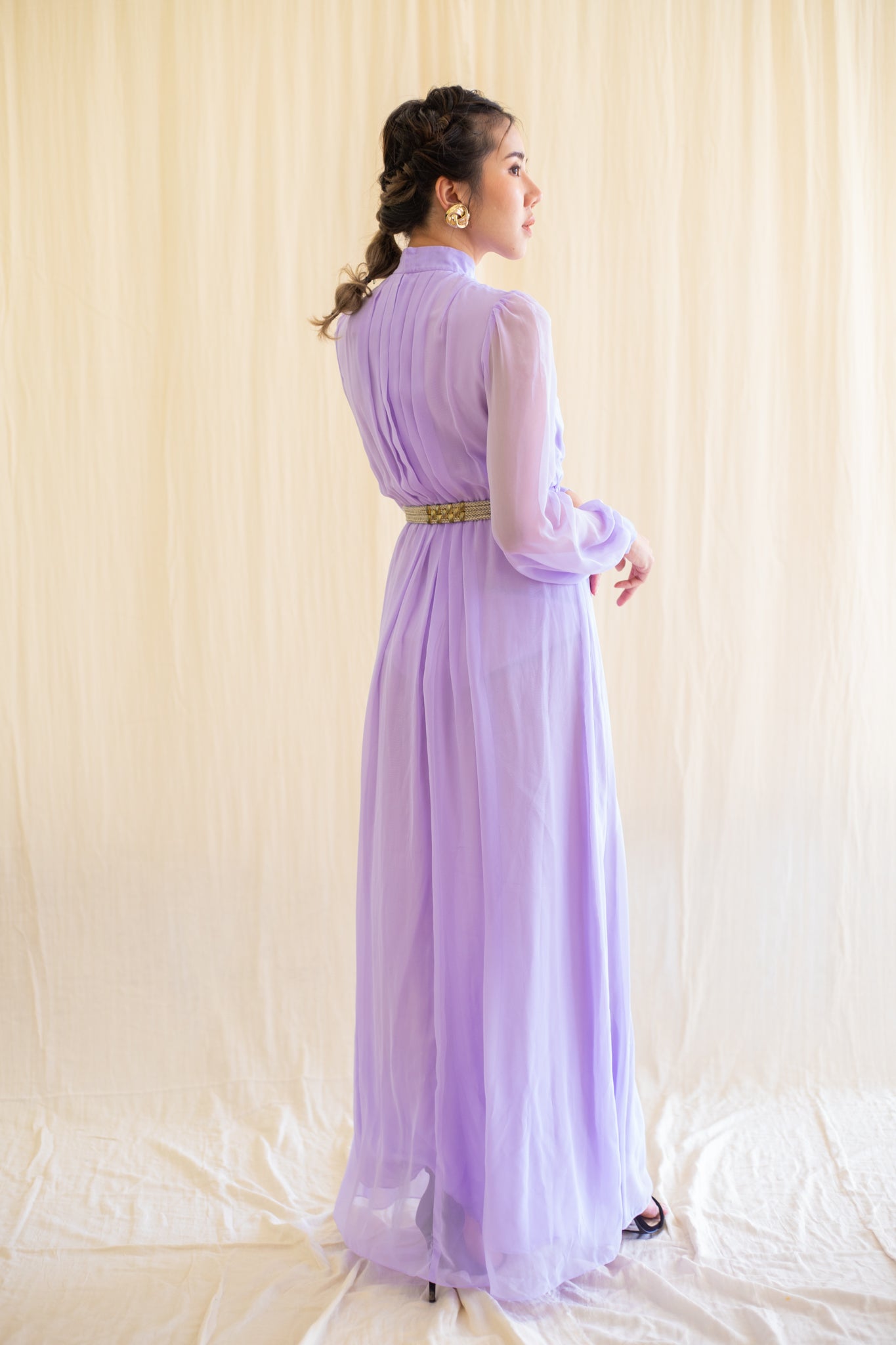 chinese dress ladies Sugar Cream Vintage Chiffon Lilac Pleated Maxi Dress
