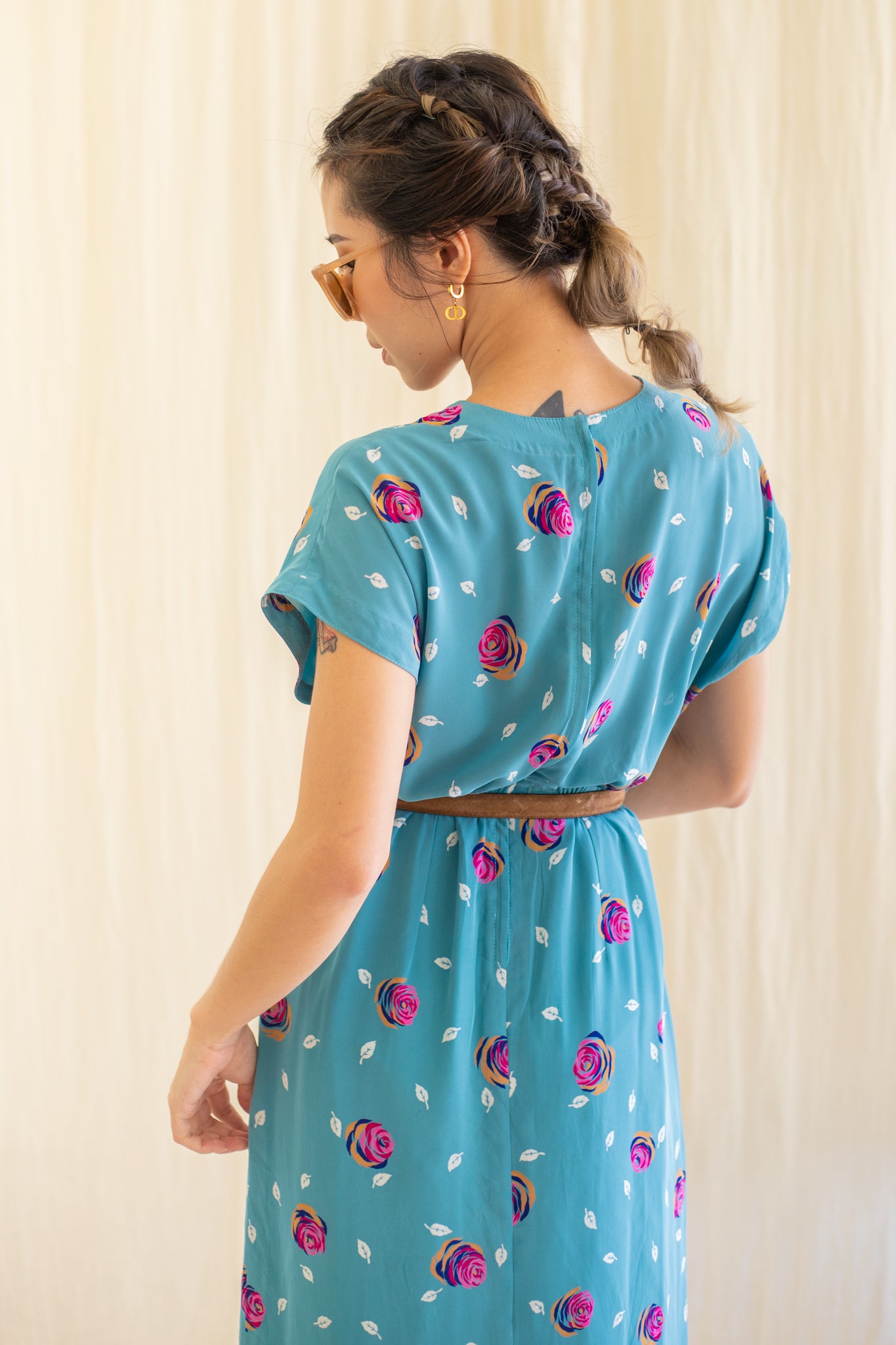 Pink rose print in blue chiffon vintage dress