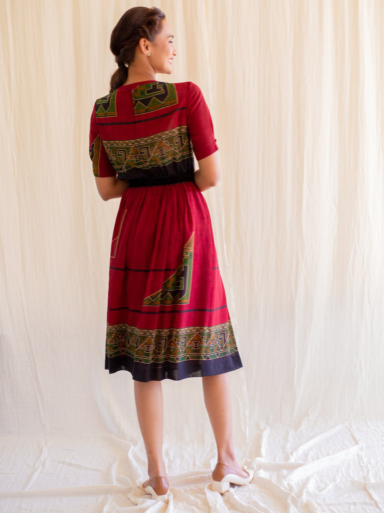 SUGARCREAM_VINTAGE_MAROON_TRIBAL_PLEATED_MIDI_DRESS_2