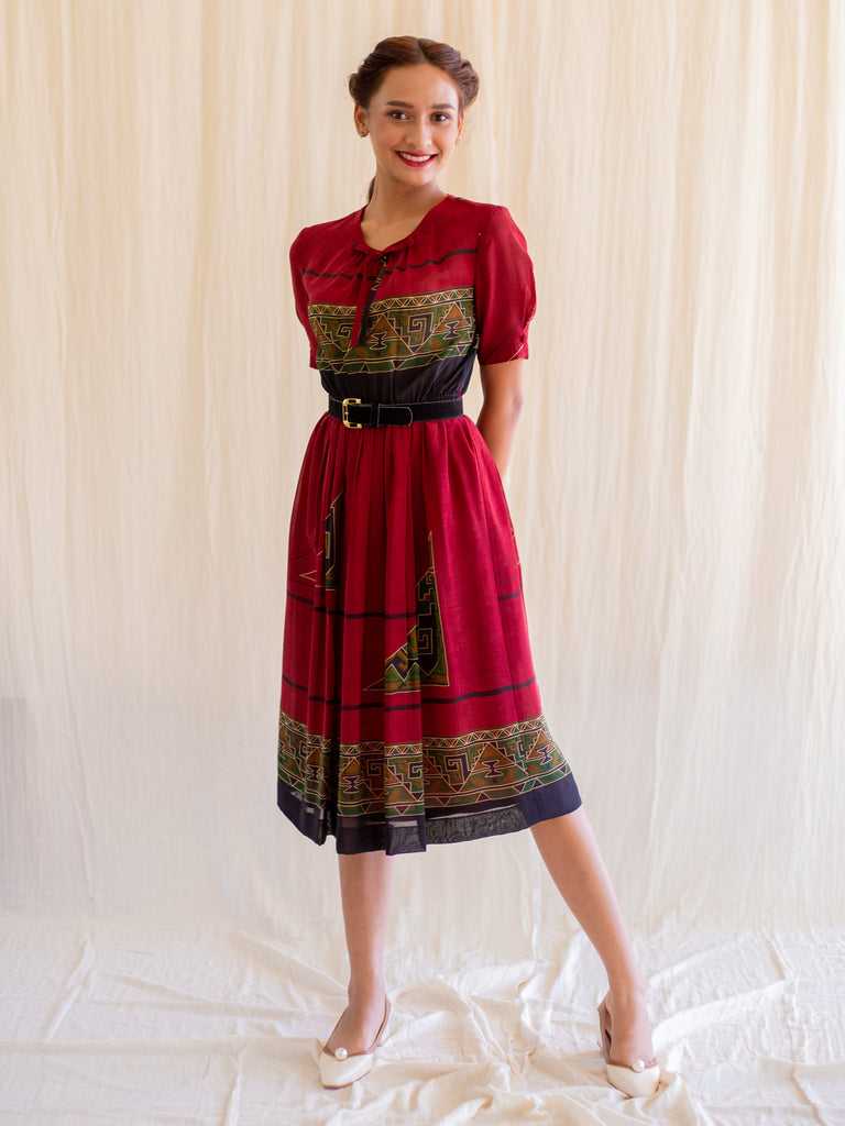SUGARCREAM_VINTAGE_MAROON_TRIBAL_PLEATED_MIDI_DRESS_1