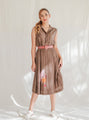 Pleated coffee brown vintage dress with detailed neckline