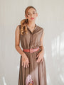 Pleated coffee brown vintage dress with detailed neckline