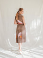 Pleated coffee brown vintage dress with detailed neckline