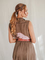 Pleated coffee brown vintage dress with detailed neckline