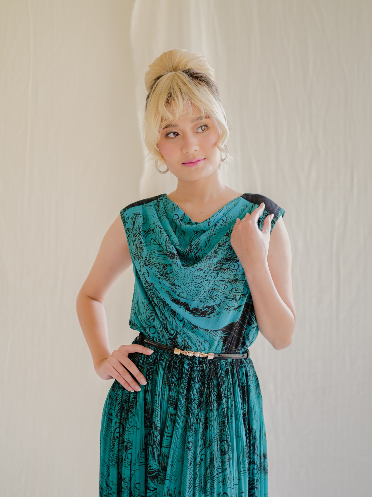 Green Peacock feather vintage dress