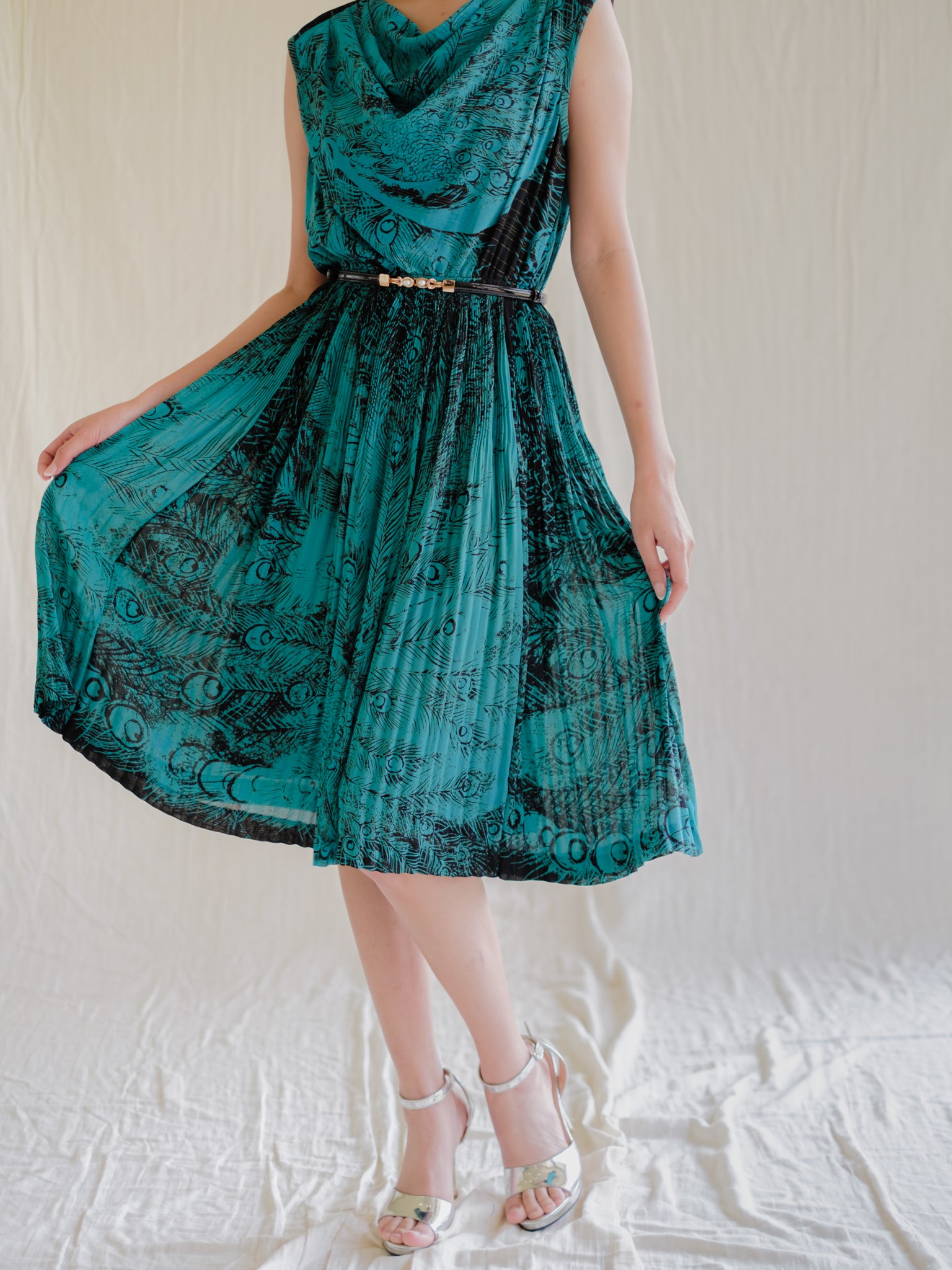 Green Peacock feather vintage dress