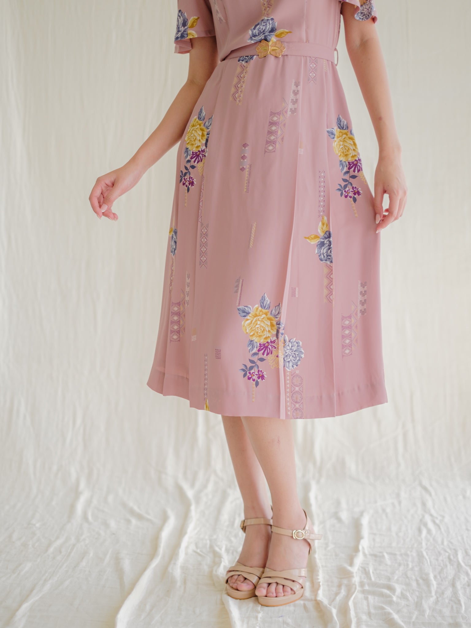 Pink floral chiffon vintage dress