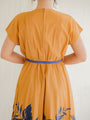 Vintage Blue Leaf Print Half Sleeve Cotton Midi Dress