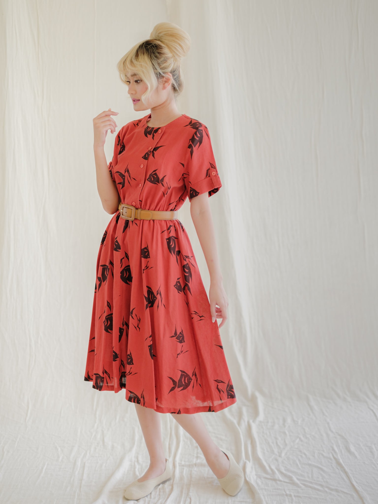 Orange brick fish print vintage dress