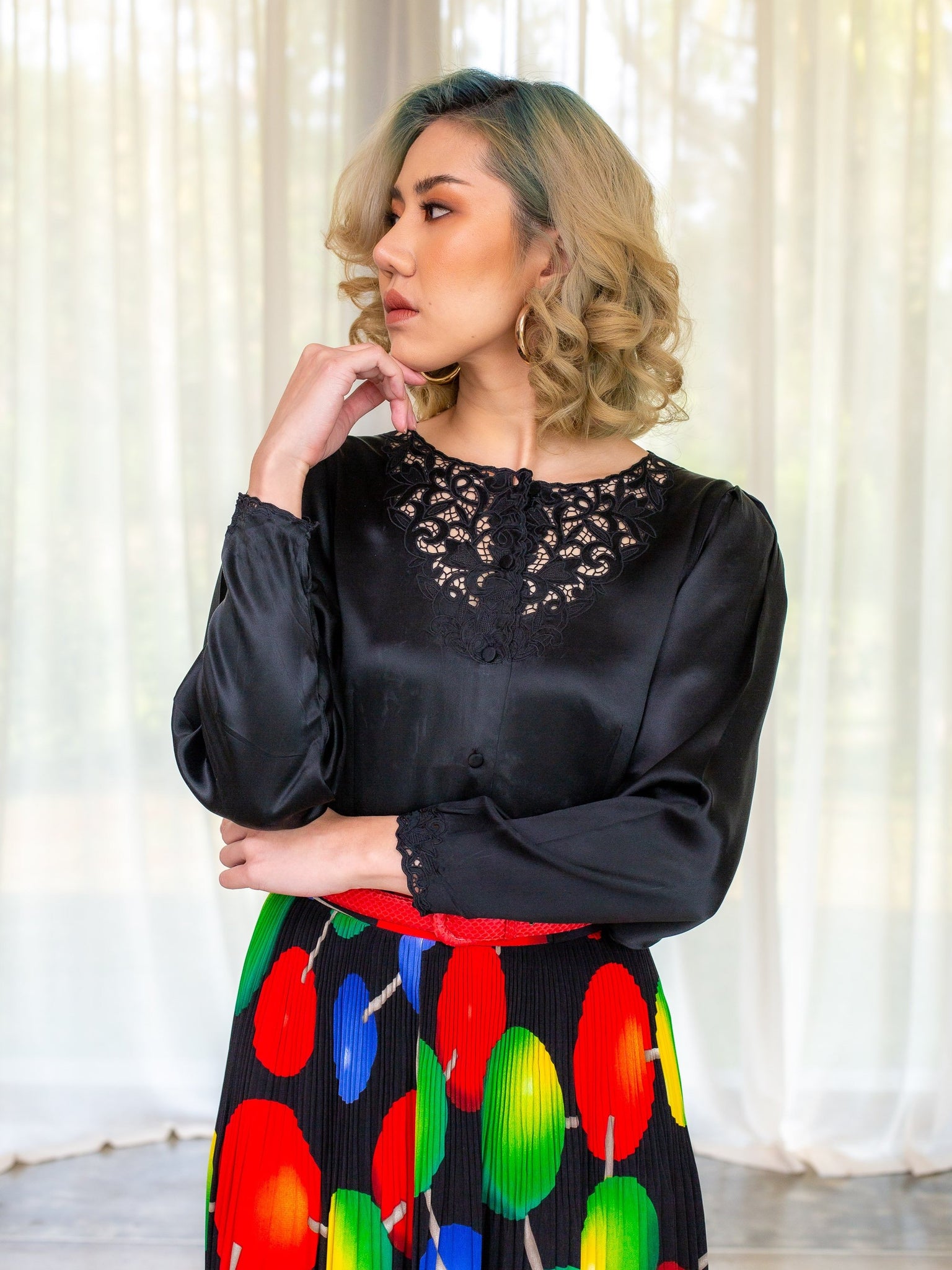 Black silk embroidered vintage blouse