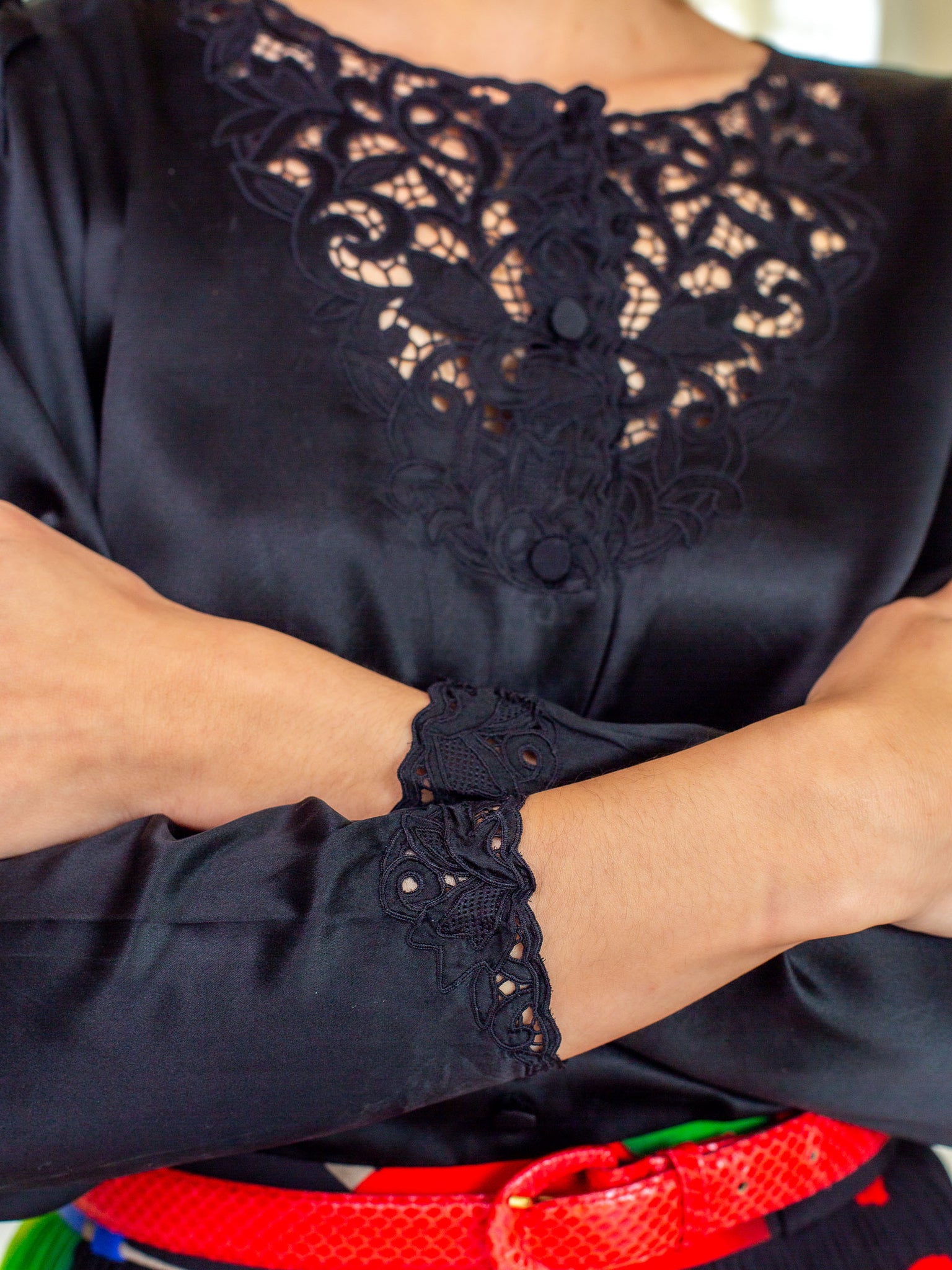 Black silk embroidered vintage blouse